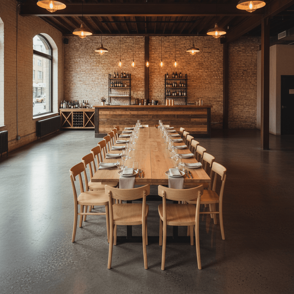 Empty upstairs event space with seating for 20 guests
