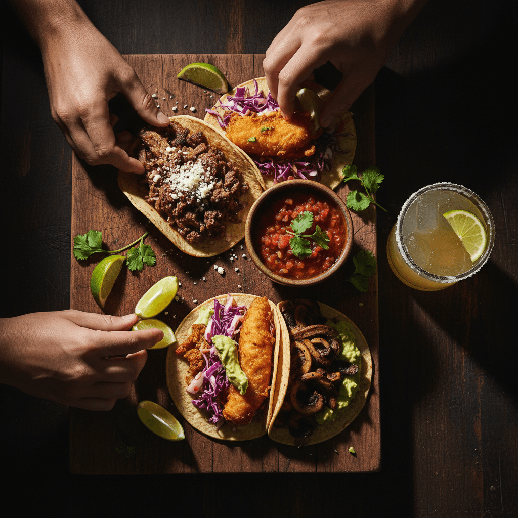 Overhead spread of tacos, salsa, and margarita on wooden board