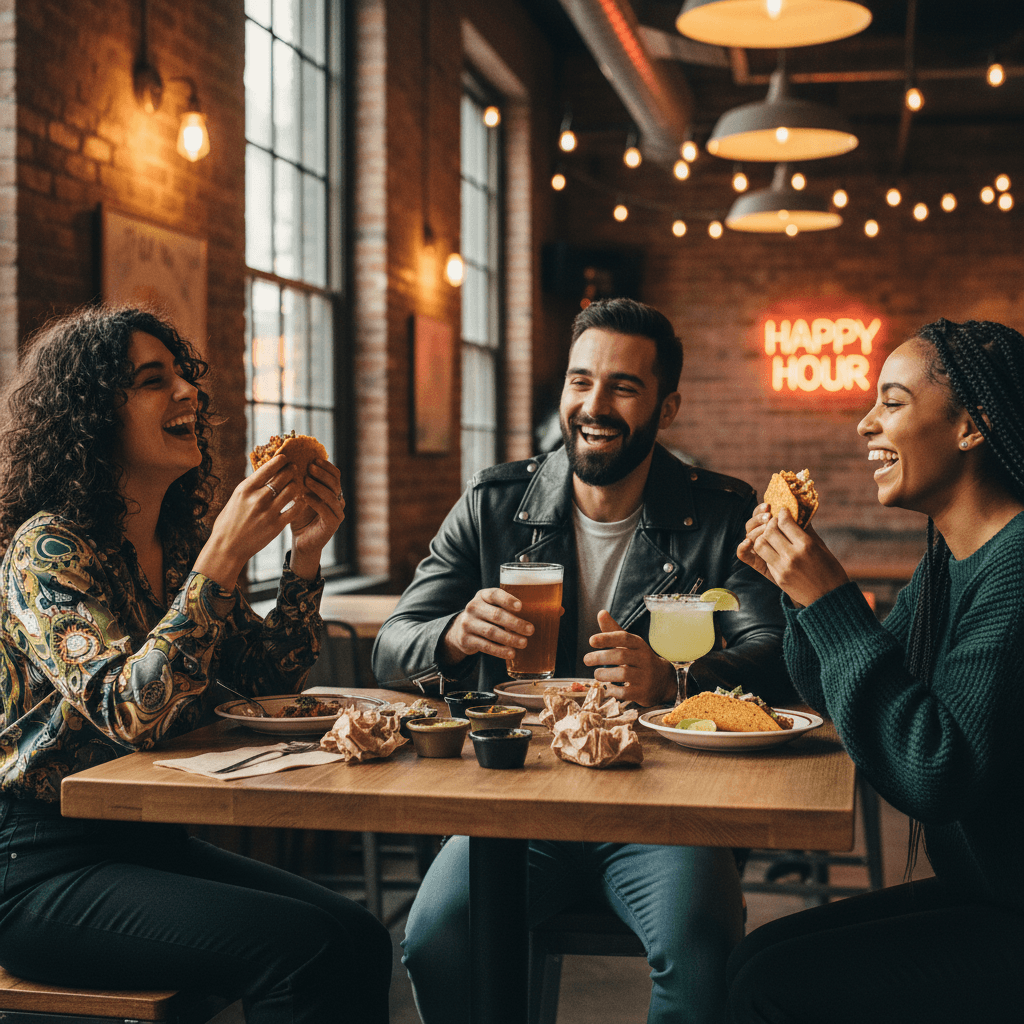Friends enjoying tacos and drinks at Vintage Cantina