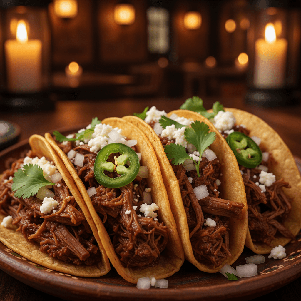 Barbacoa taco with queso fresco and jalapeño