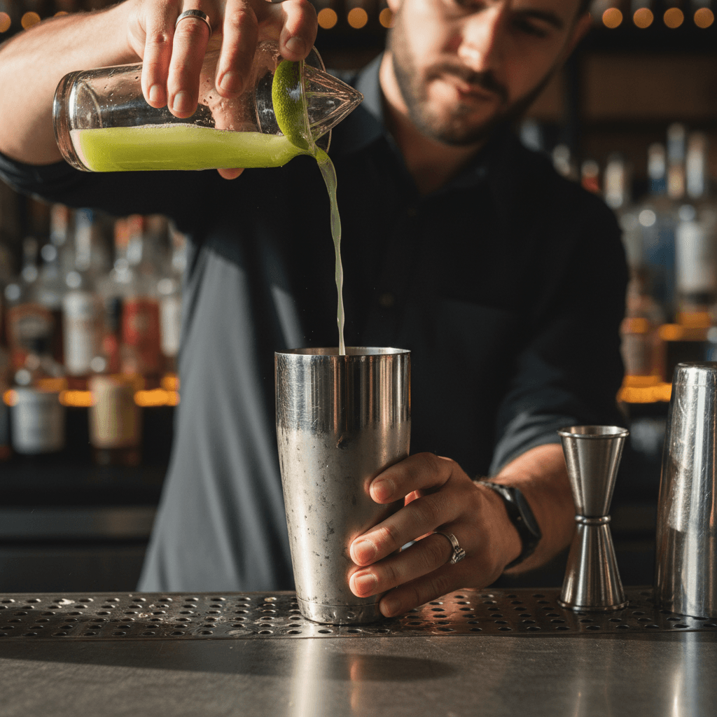 Bartender skillfully mixing a margarita from scratch