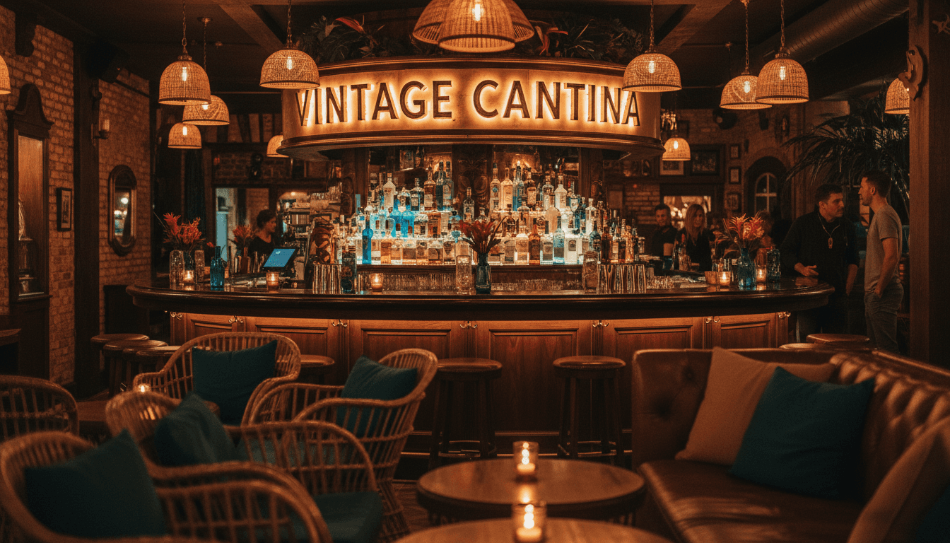 Vintage Cantina interior featuring artisanal tiki bar decor, warm lighting, and craft cocktail setup