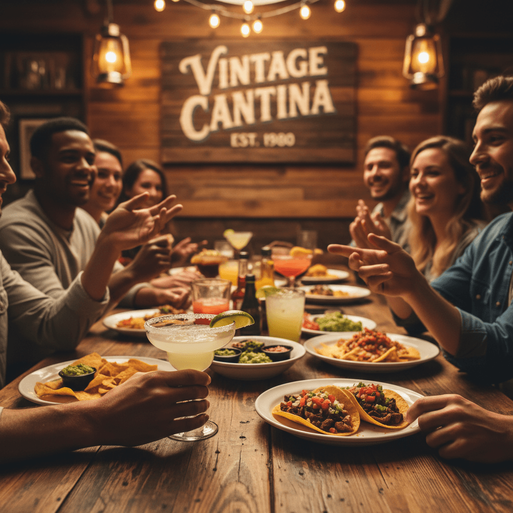 Guests enjoying tacos and margaritas together at a table