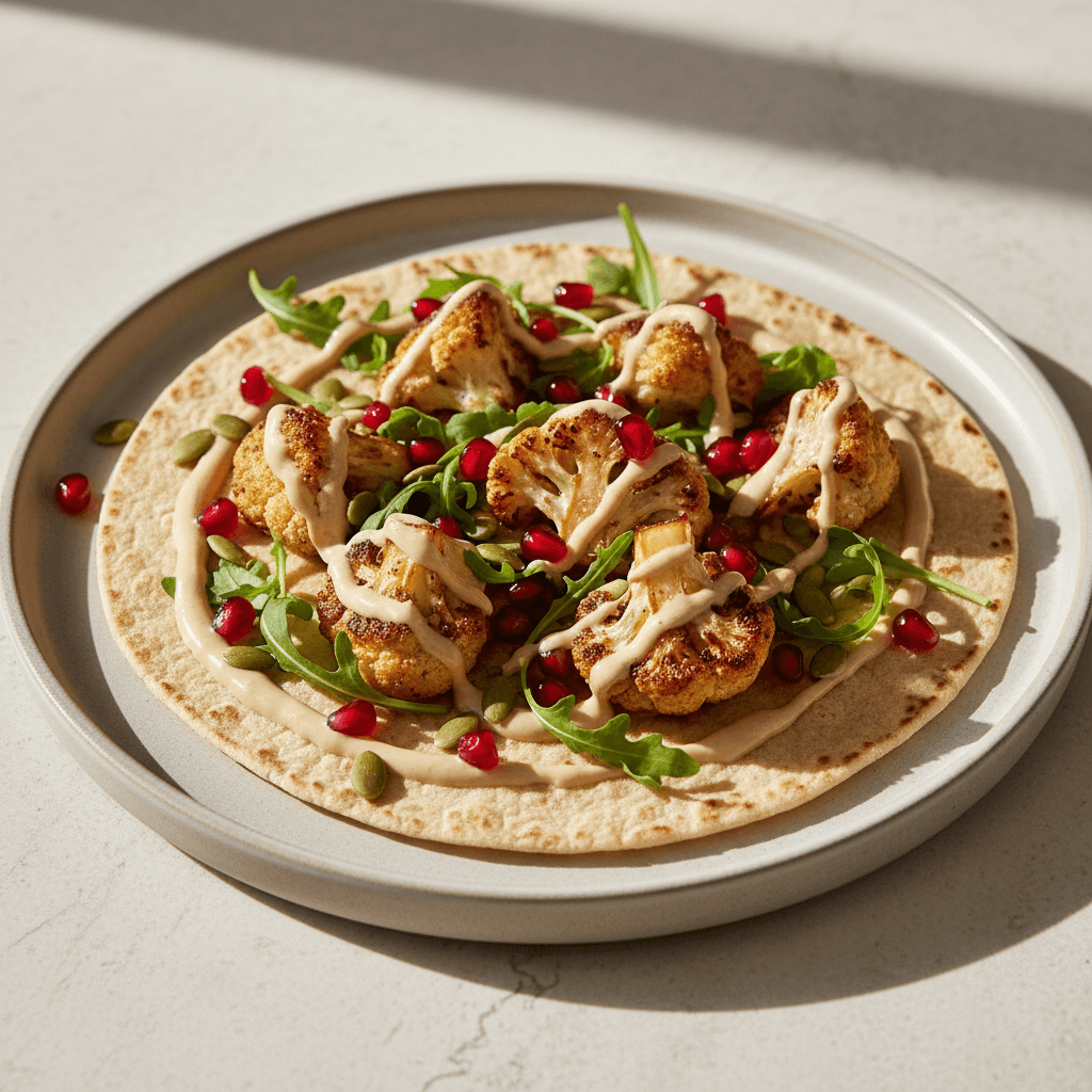 Roasted cauliflower taco with tahini and pomegranate