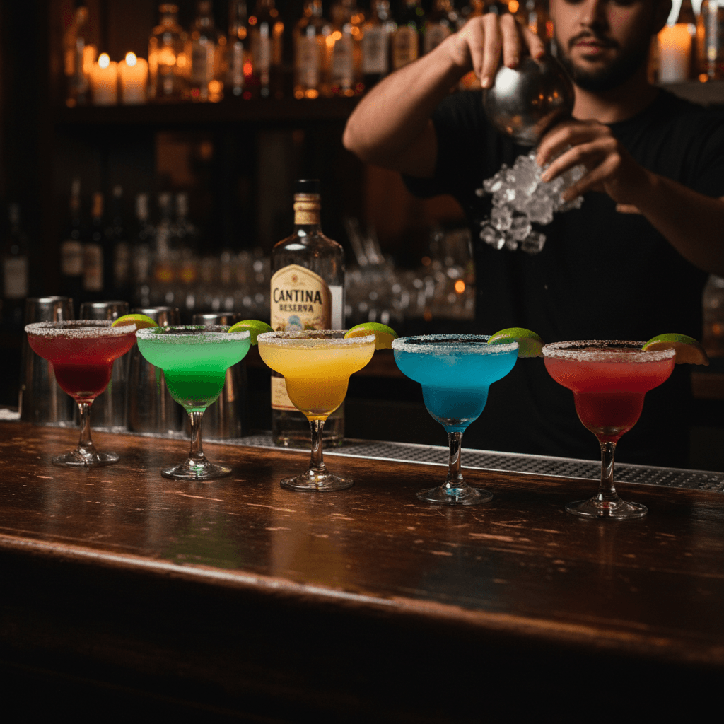 Colorful margaritas lined up at the bar with lime garnishes