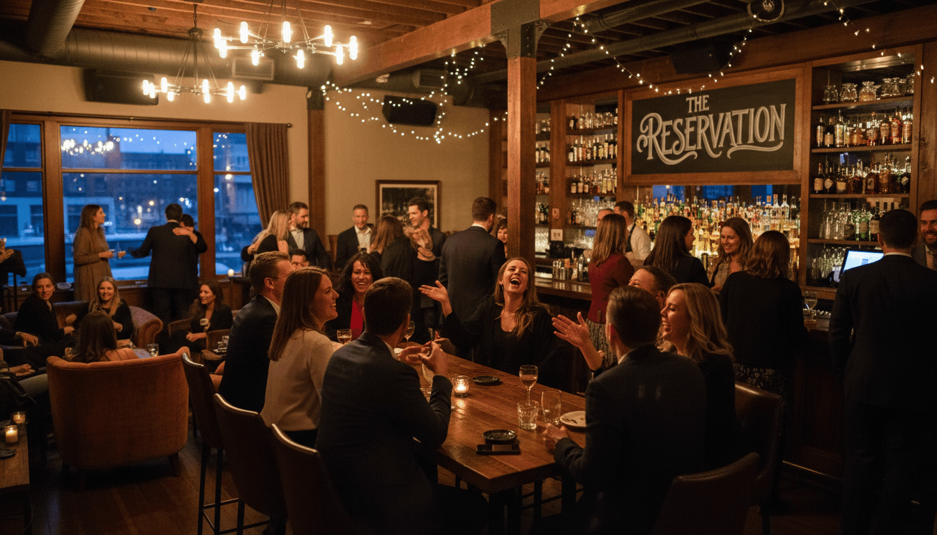 Guests mingling at a private party in the upstairs Mutiny space