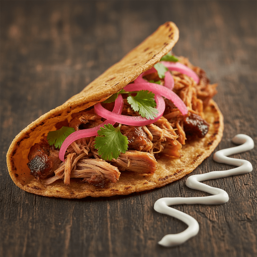 Carnitas taco with pickled onions and cilantro