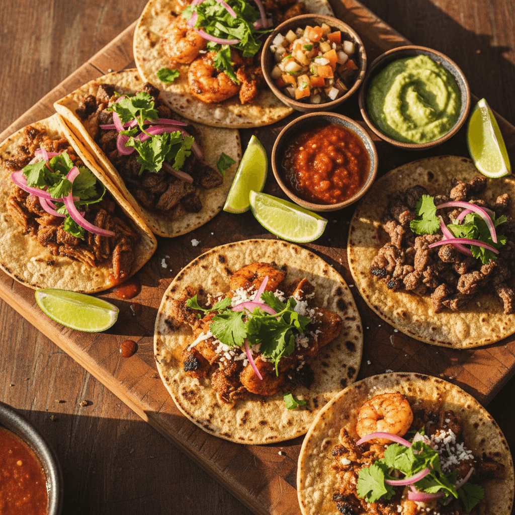 Artisanal tacos with fresh toppings and vibrant colors