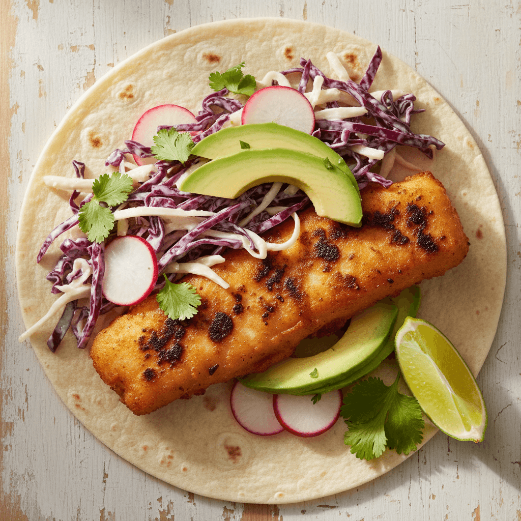 Fish taco with chipotle slaw and avocado