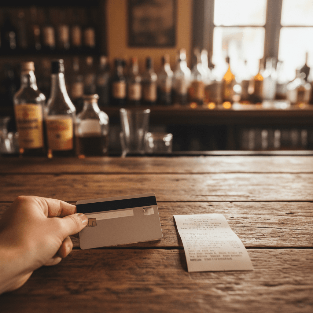 Person putting a credit card on a bar counter with a receipt