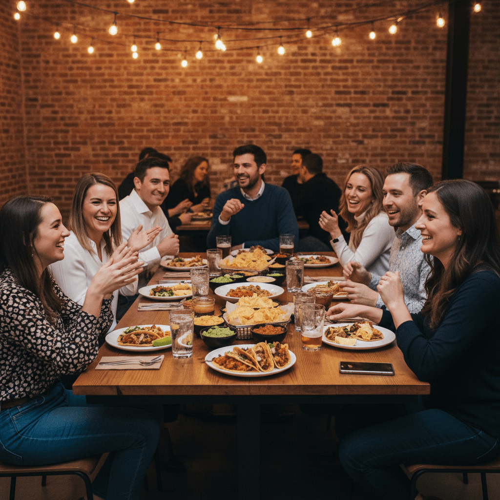 Coworkers having dinner together at a long table in an upstairs event space