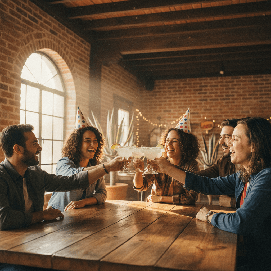 Friends toasting with margaritas at a birthday party in a rustic cantina