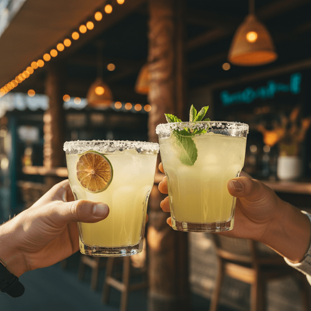 Craft margaritas being toasted at the bar