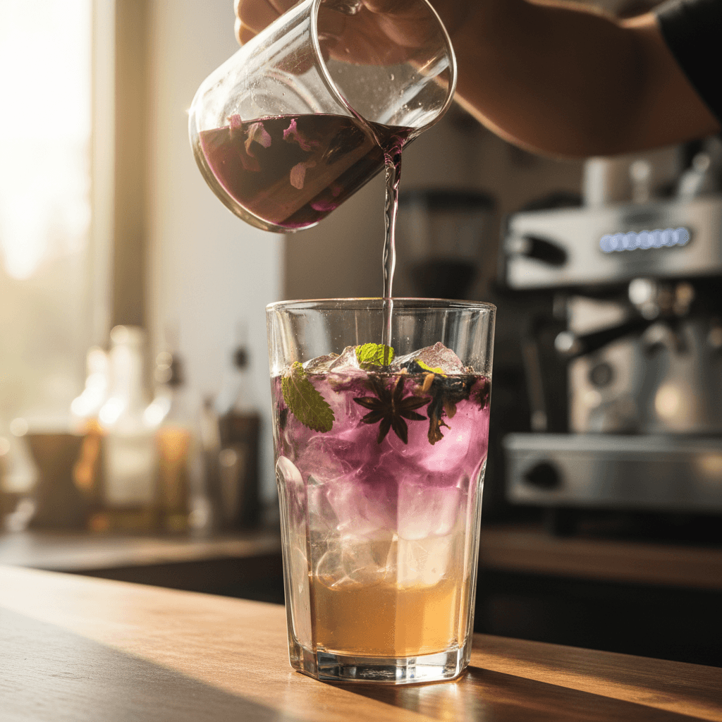 Hibiscus margarita with hibiscus flower garnish glowing in warm light