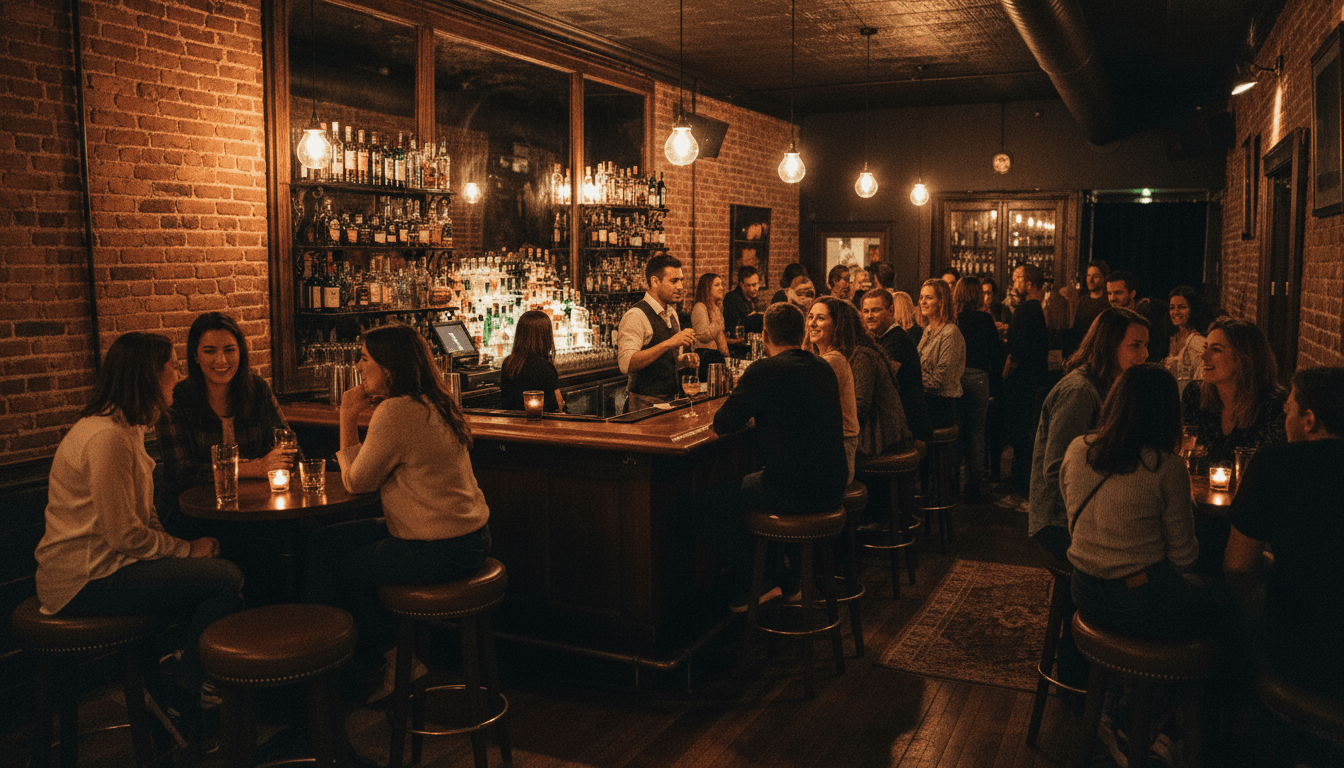 The warm interior of Vintage Cantina bar with ambient golden lighting, vintage tiki decor, and customers enjoying the hip casual atmosphere
