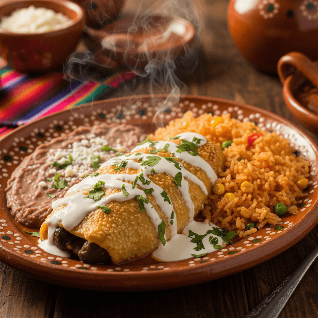 Chile relleno with roasted poblano, cheese, ranchero sauce, and fried egg