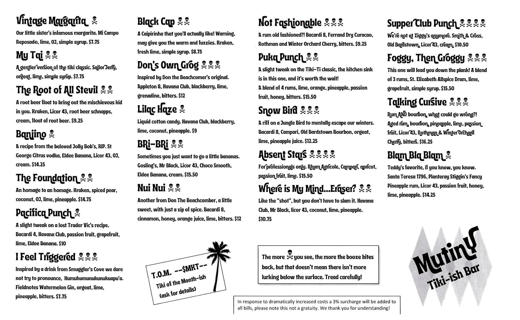 Mutiny Tiki-ish Bar cocktail menu featuring drink names, ingredients, prices, and skull icons.