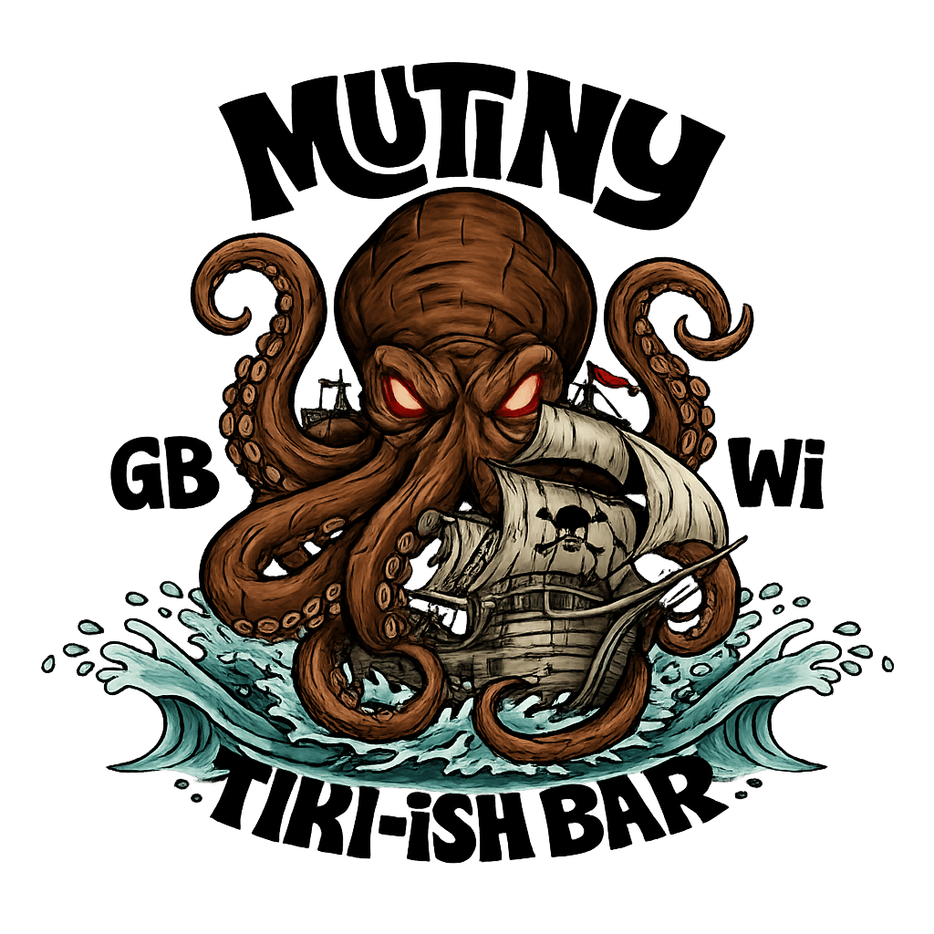 Angry brown octopus with red eyes crushing a pirate ship for Mutiny Tiki-ish Bar.